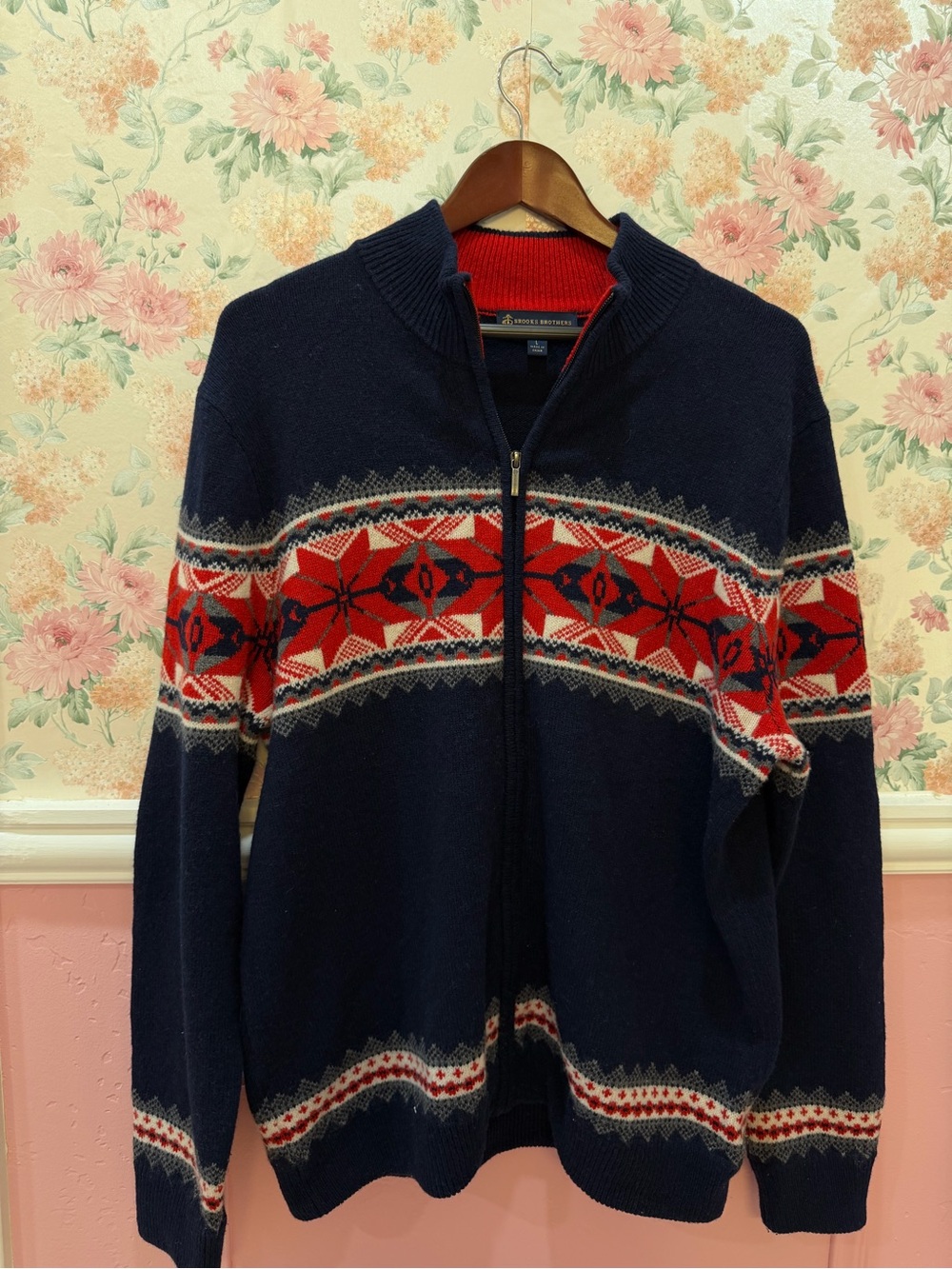 Wool Brooks Brothers Navy and Red Fair Isle Zip-Up Sweater